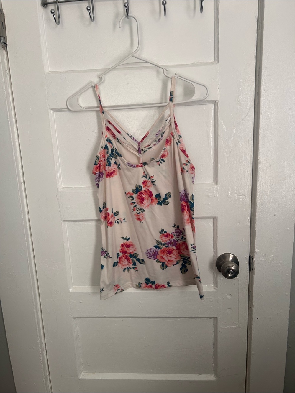 Floral Strappy Camisole Tank Top - Cream with Pink Roses